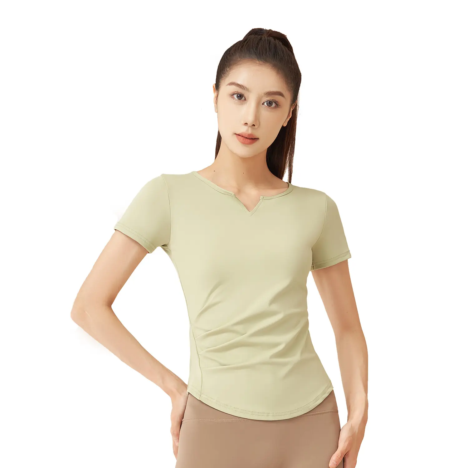 Juyatang V-neck yoga short sleeve nude quick-drying fitness pleated sports top running woman