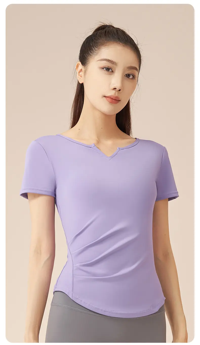 Juyatang V-neck yoga short sleeve nude quick-drying fitness pleated sports top running woman