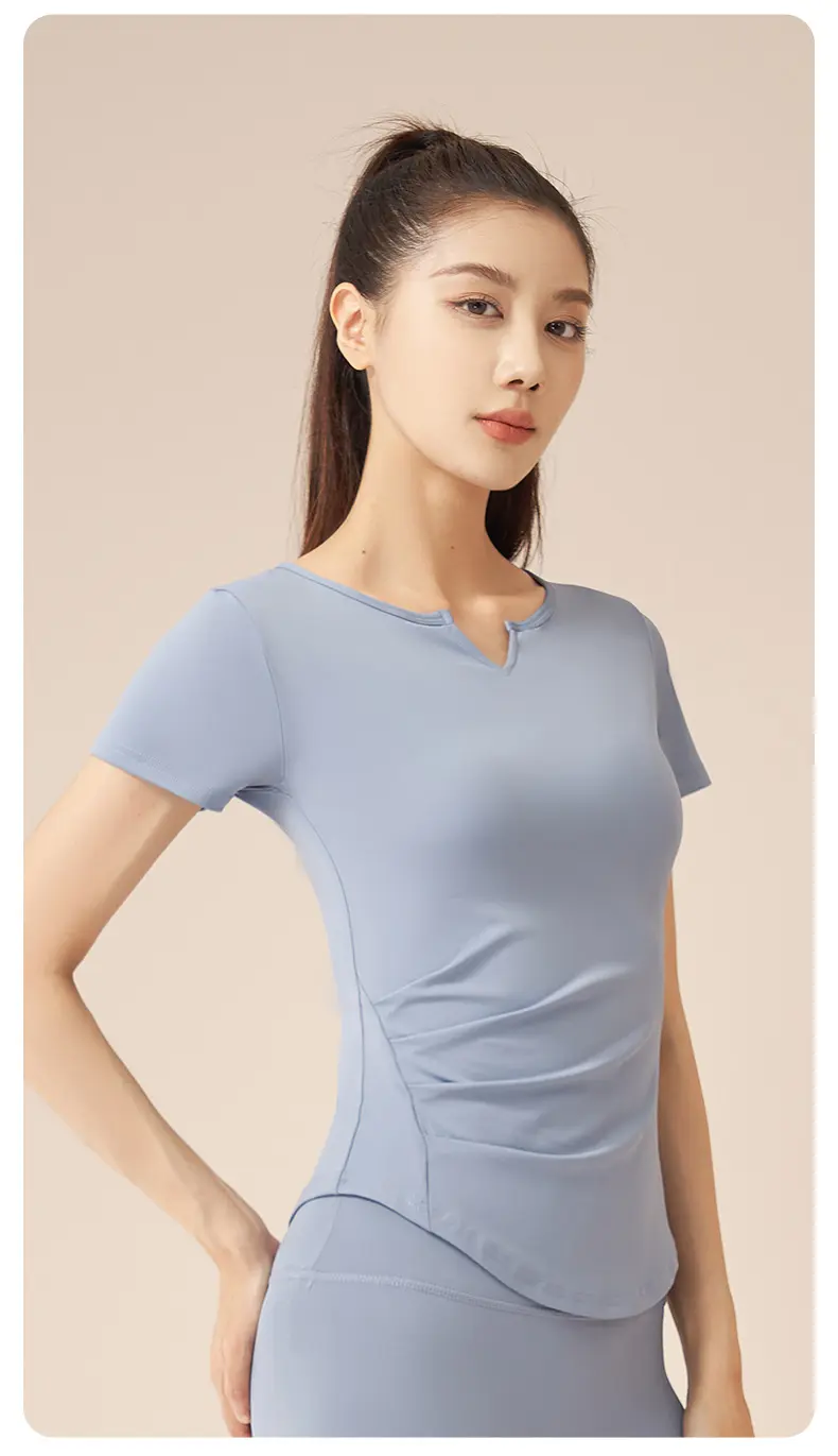Juyatang V-neck yoga short sleeve nude quick-drying fitness pleated sports top running woman