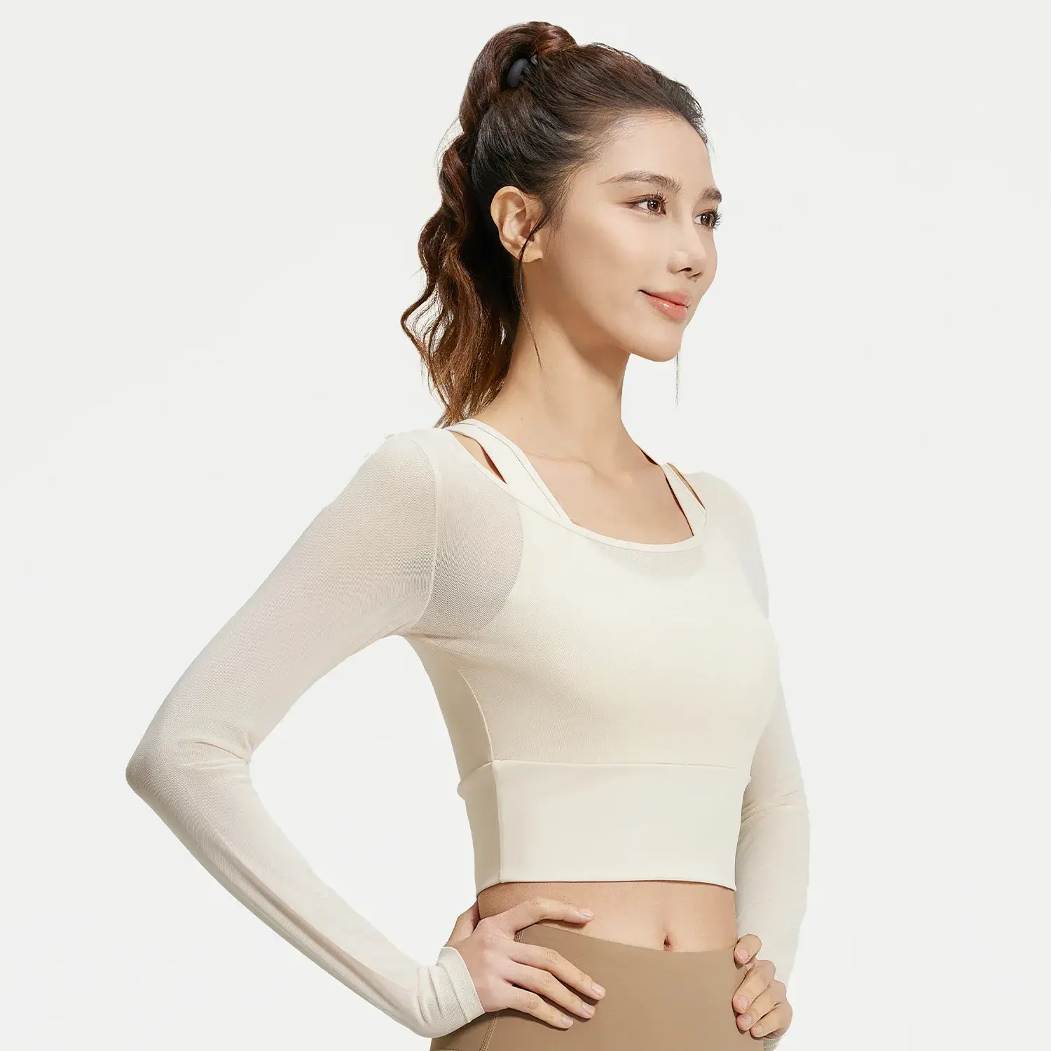 mesh fake two-piece yoga clothes, long sleeves and thin, sports fitness clothes with chest pads, tops, summer women yoga top