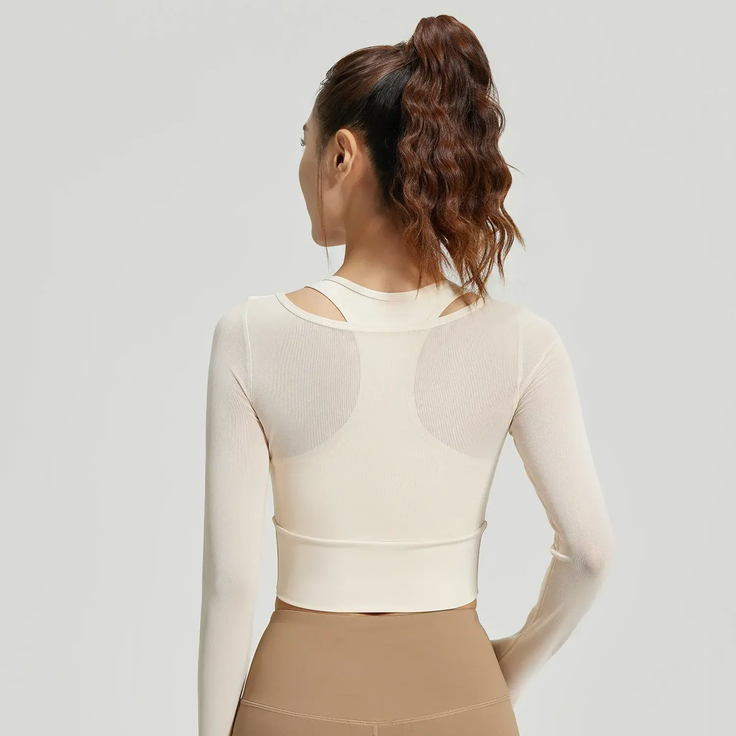 mesh fake two-piece yoga clothes, long sleeves and thin, sports fitness clothes with chest pads, tops, summer women yoga top