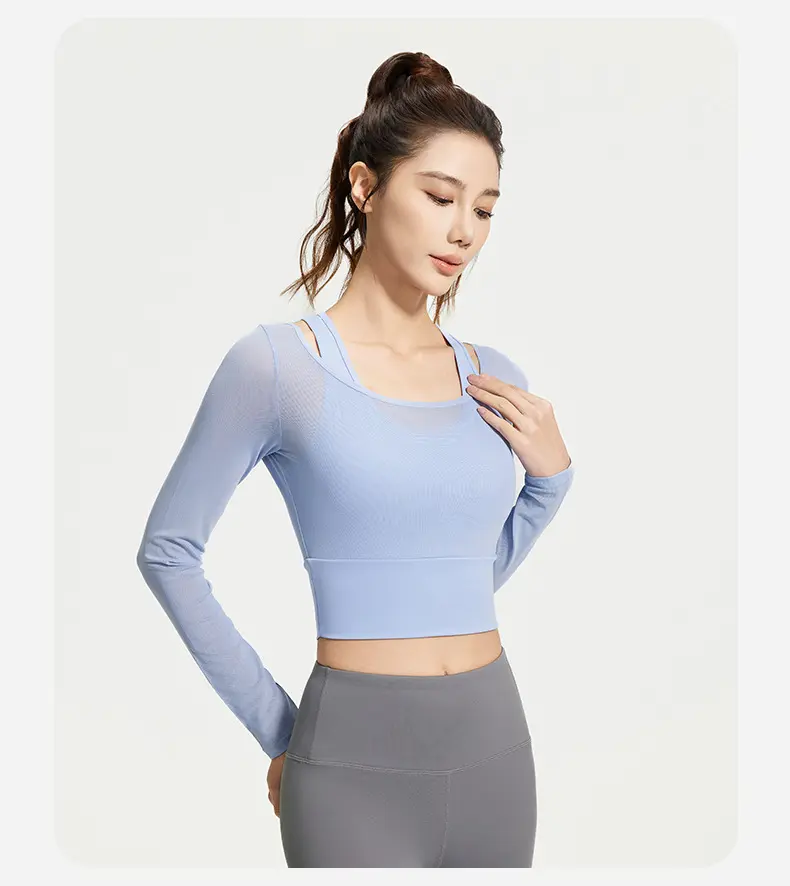 mesh fake two-piece yoga clothes, long sleeves and thin, sports fitness clothes with chest pads, tops, summer women yoga top