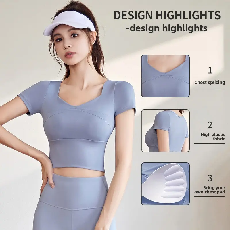 Juyitang peach splicing sports short-sleeved women's high elastic slim running yoga suit top with chest pad