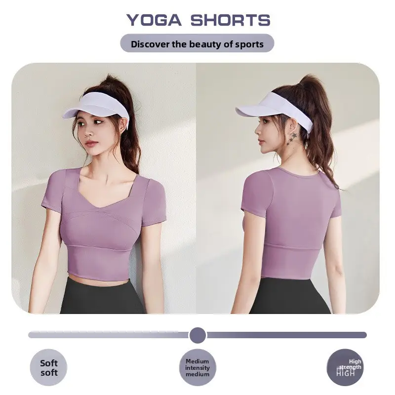 Juyitang peach splicing sports short-sleeved women's high elastic slim running yoga suit top with chest pad