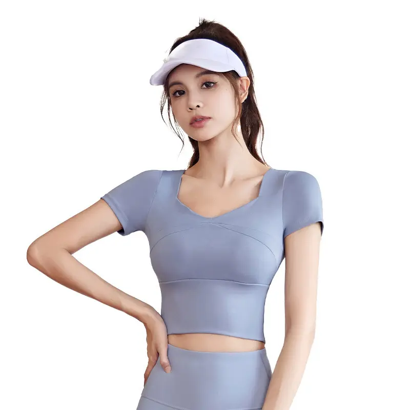 Juyitang peach splicing sports short-sleeved women's high elastic slim running yoga suit top with chest pad