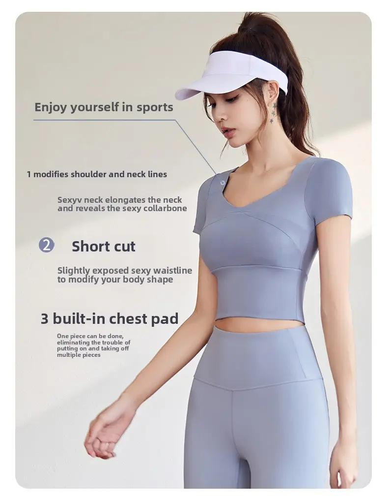 Juyitang peach splicing sports short-sleeved women's high elastic slim running yoga suit top with chest pad
