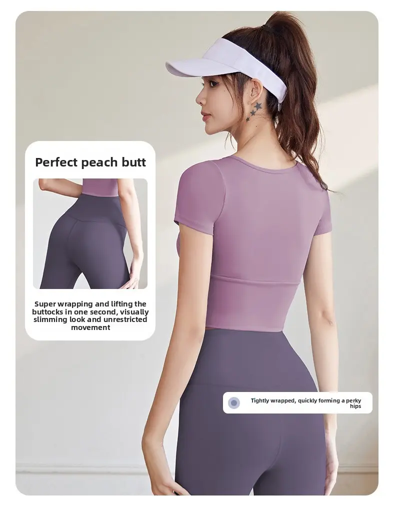 Juyitang peach splicing sports short-sleeved women's high elastic slim running yoga suit top with chest pad