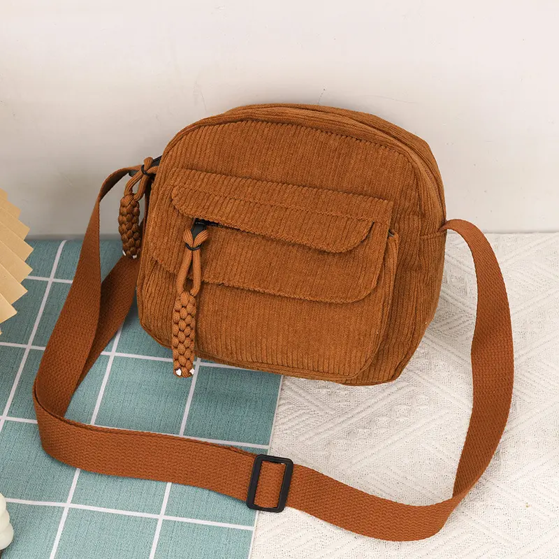 Corduroy autumn and winter new simple fashion solid color female bag single shoulder oblique cross bag campus style fashion bag