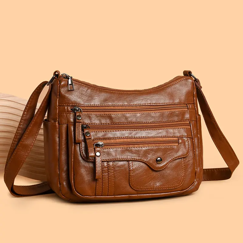 Fashion trend four seasons soft leather multi-layer multi-pocket sewing multi-layer single shoulder crossbody bag for women