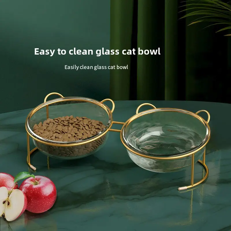Cat bowl Glass double bowl protection cervical spine diagonal pet holder bowl Cat large capacity cat food bowl to prevent upset