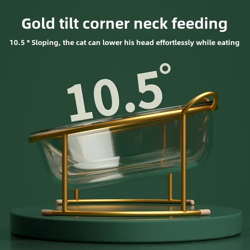 Cat bowl Glass double bowl protection cervical spine diagonal pet holder bowl Cat large capacity cat food bowl to prevent upset