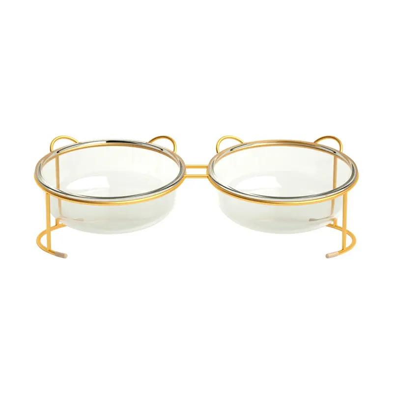 Cat bowl Glass double bowl protection cervical spine diagonal pet holder bowl Cat large capacity cat food bowl to prevent upset