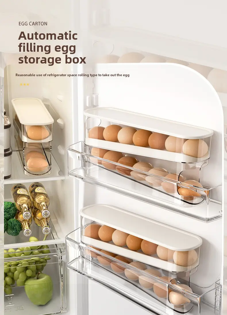 Egg carton storage Refrigerator food grade rolling egg holder Kitchen fresh-keeping side door refrigerator storage box with lid