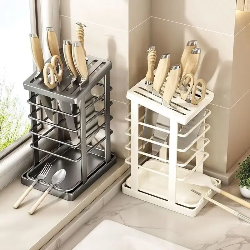 Kitchen knife holder countertop knife tool storage rack with drain tray multi-function knife holder storage rack dish rack