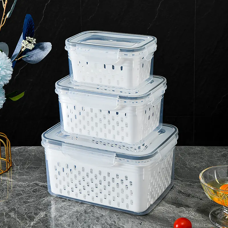 Kitchen food sealed crisper fruit and vegetable drain plastic storage box with lid refrigerator frozen fresh storage box