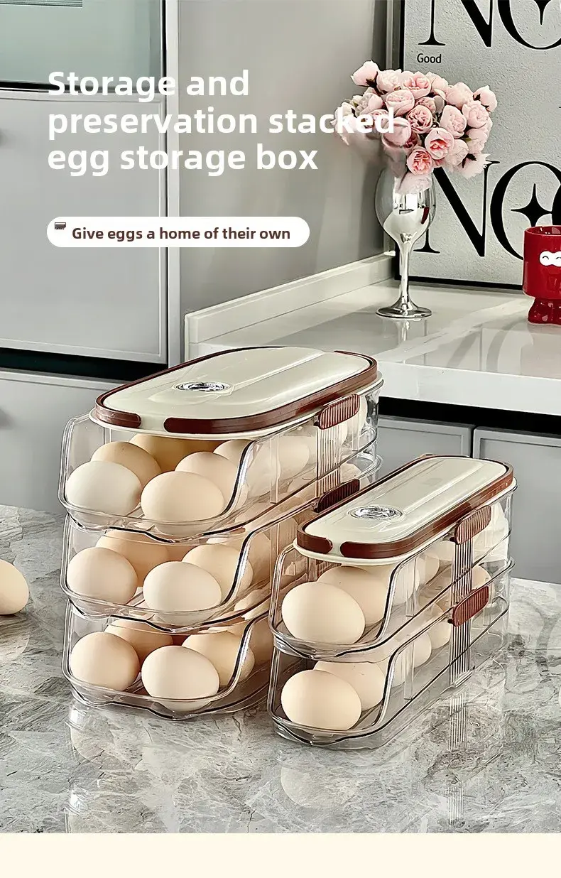 Household multi-layer automatic egg rolling type egg storage box Kitchen egg tray refrigerator timing special egg box