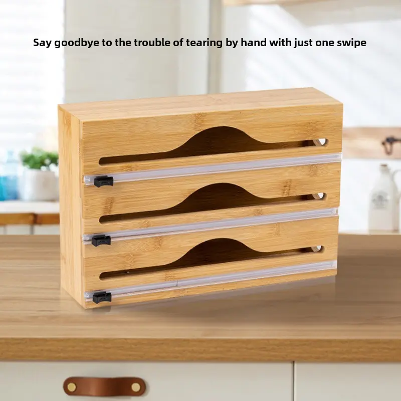 Bamboo plastic film cutter Multi-cell plastic film slitting Tinfoil simple storage box Wall hanging kitchen cutting box