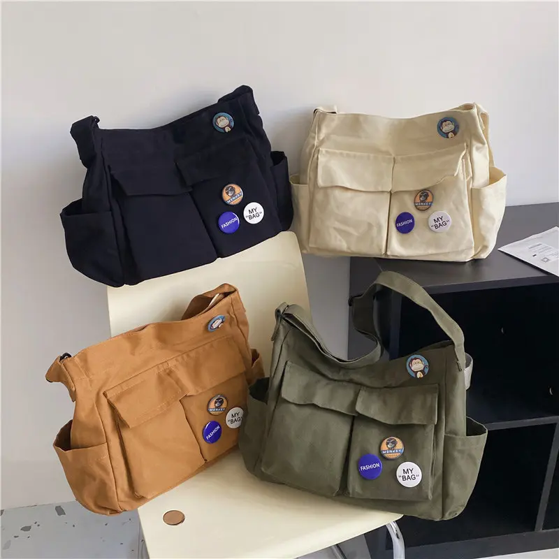 Tooling style single shoulder crossbody bag men and women ins canvas bag student class bag street large capacity art leisure bag