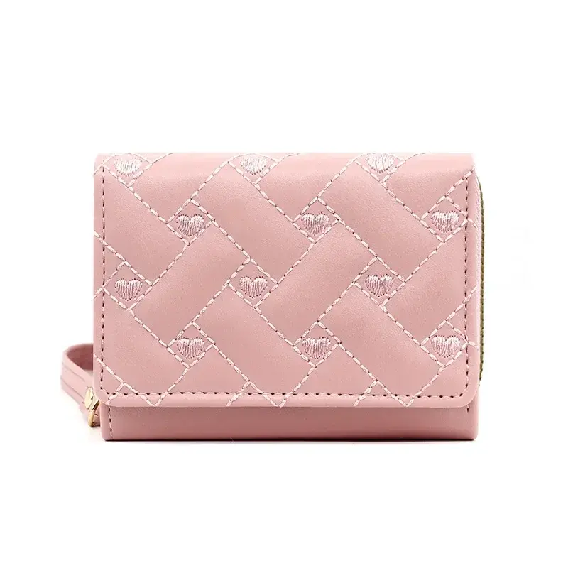New women's short purse simple embroidered love PU three fold bag card bag multi-card wallet clip coin pouch  coin purse