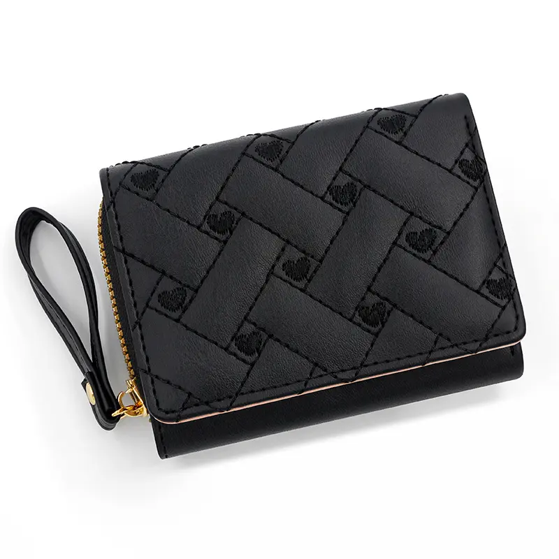 New women's short purse simple embroidered love PU three fold bag card bag multi-card wallet clip coin pouch  coin purse