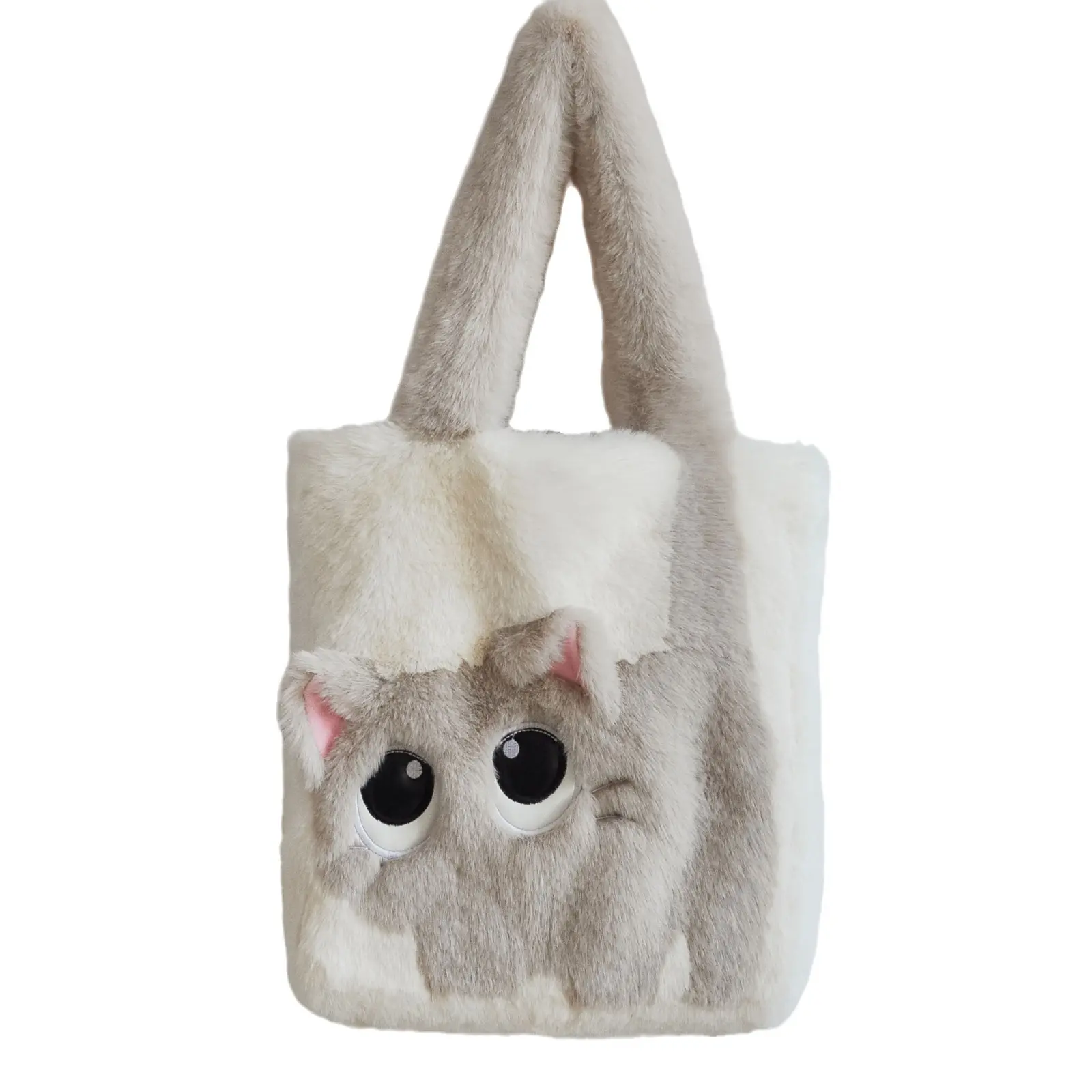 New autumn and winter plush bag women's large capacity creative cat cartoon color contrast stitching embroidery Tote bag handbag