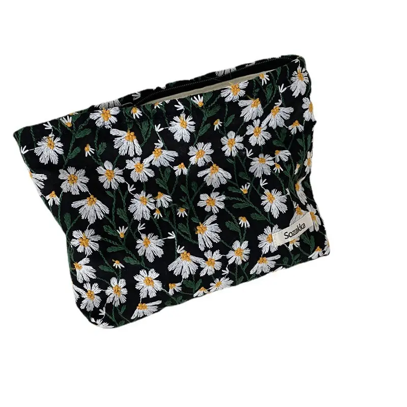 Fresh Embroidery Daisies flower makeup bag Women simple portable pen bag large capacity Japanese art