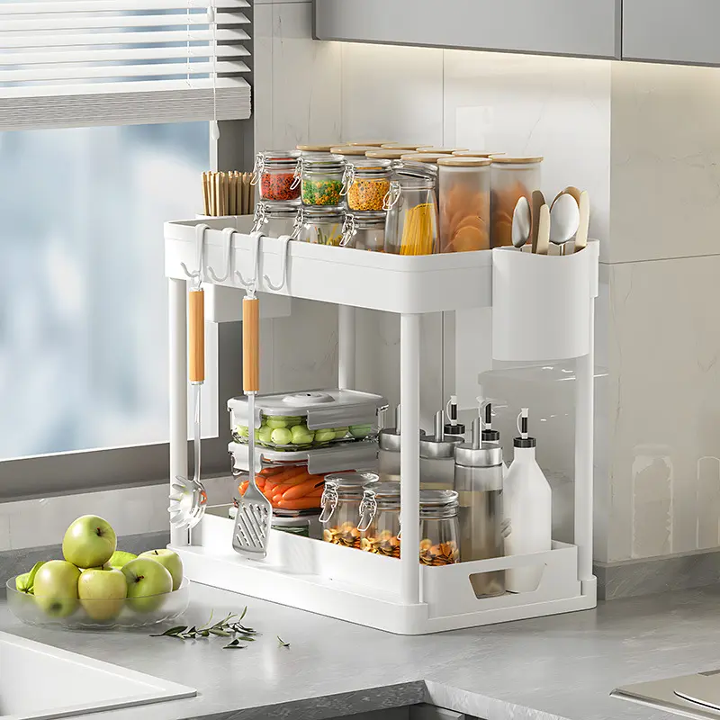 Double-layer multi-functional plastic shelving kitchen floor shelving bathroom sink pull-out removable and washablestorage shelf