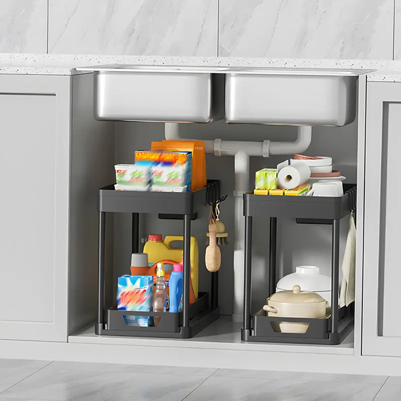 Double-layer multi-functional plastic shelving kitchen floor shelving bathroom sink pull-out removable and washablestorage shelf