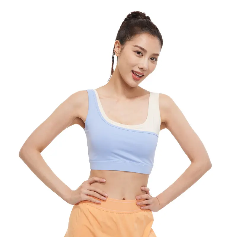 Juyitang color matching yoga bra women's fixed one-piece high elastic shock-proof gathering two-color U-shaped sports underwear