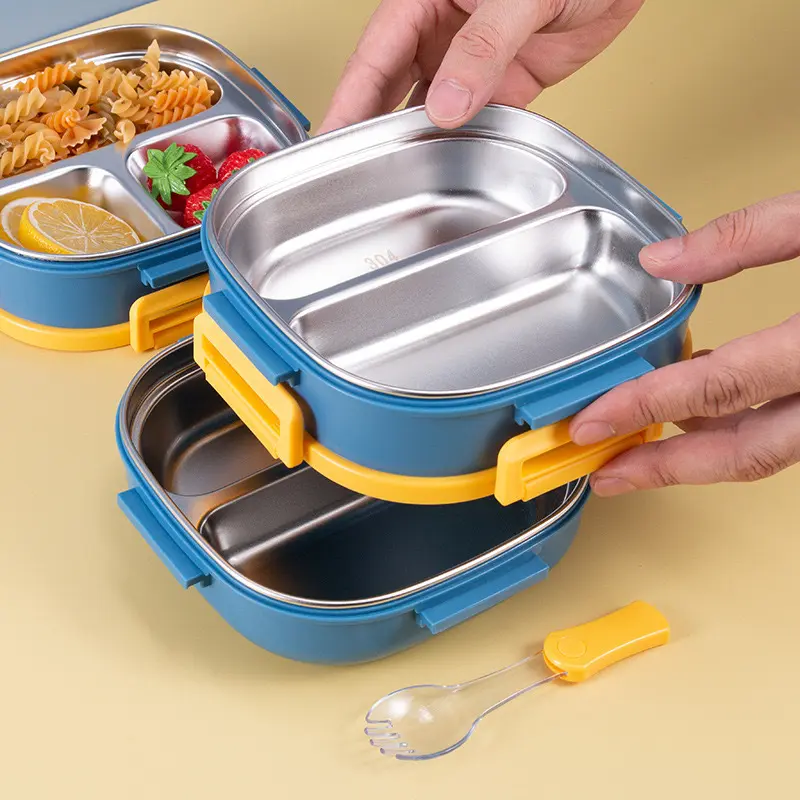 Laminated stainless steel insulated lunch box sealed students children divided lunch box with tableware portable bento box