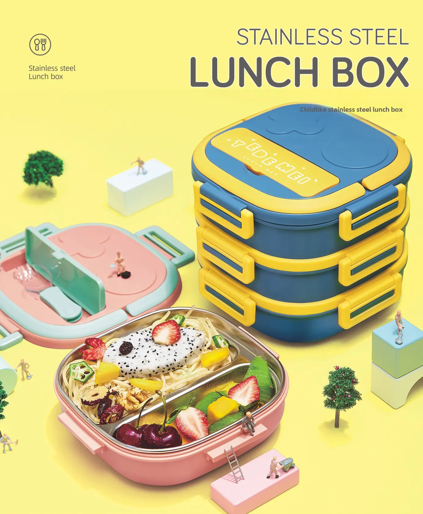 Laminated stainless steel insulated lunch box sealed students children divided lunch box with tableware portable bento box