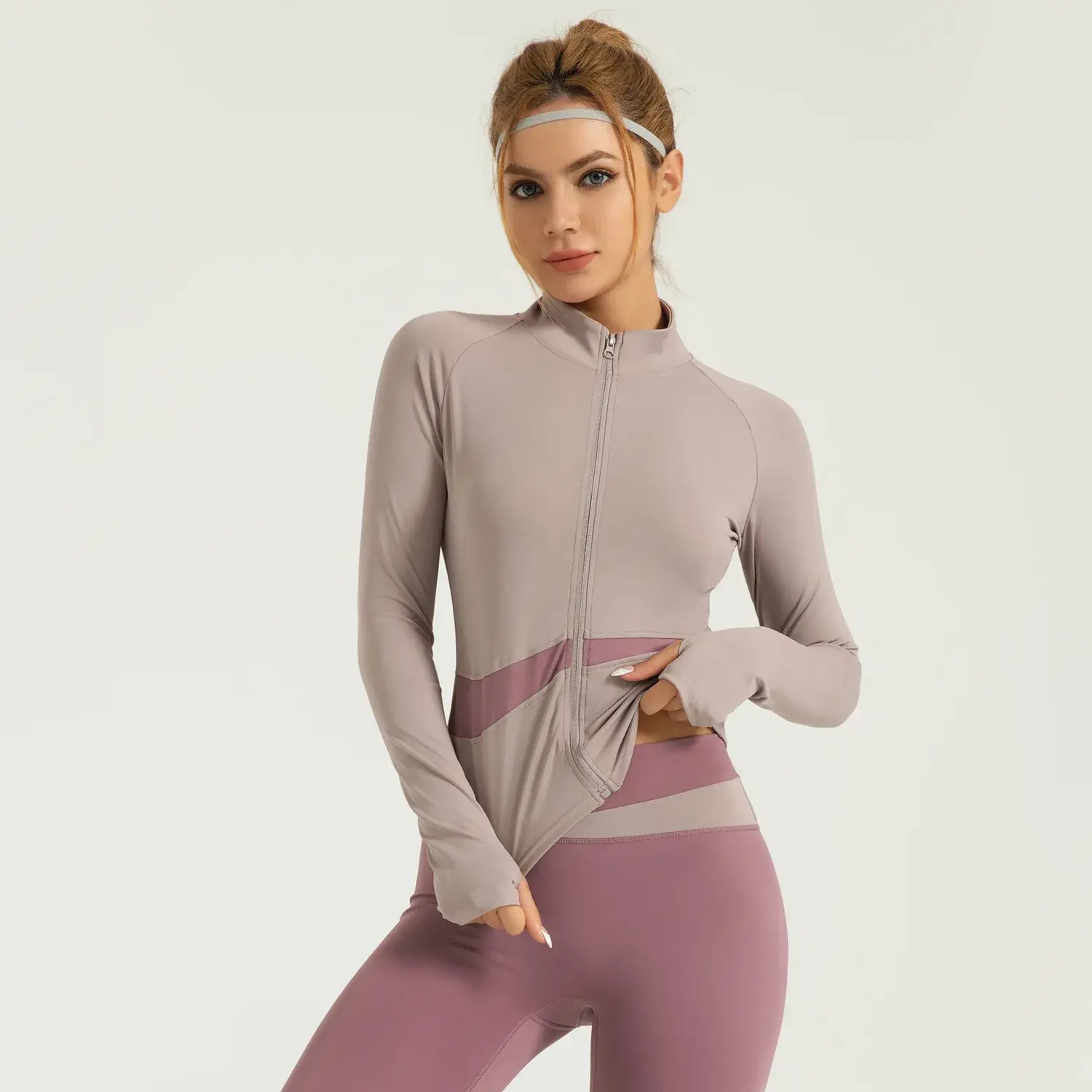 Peach color matching yoga jacket nude sports top high neck thin breathable navel fitness clothes women