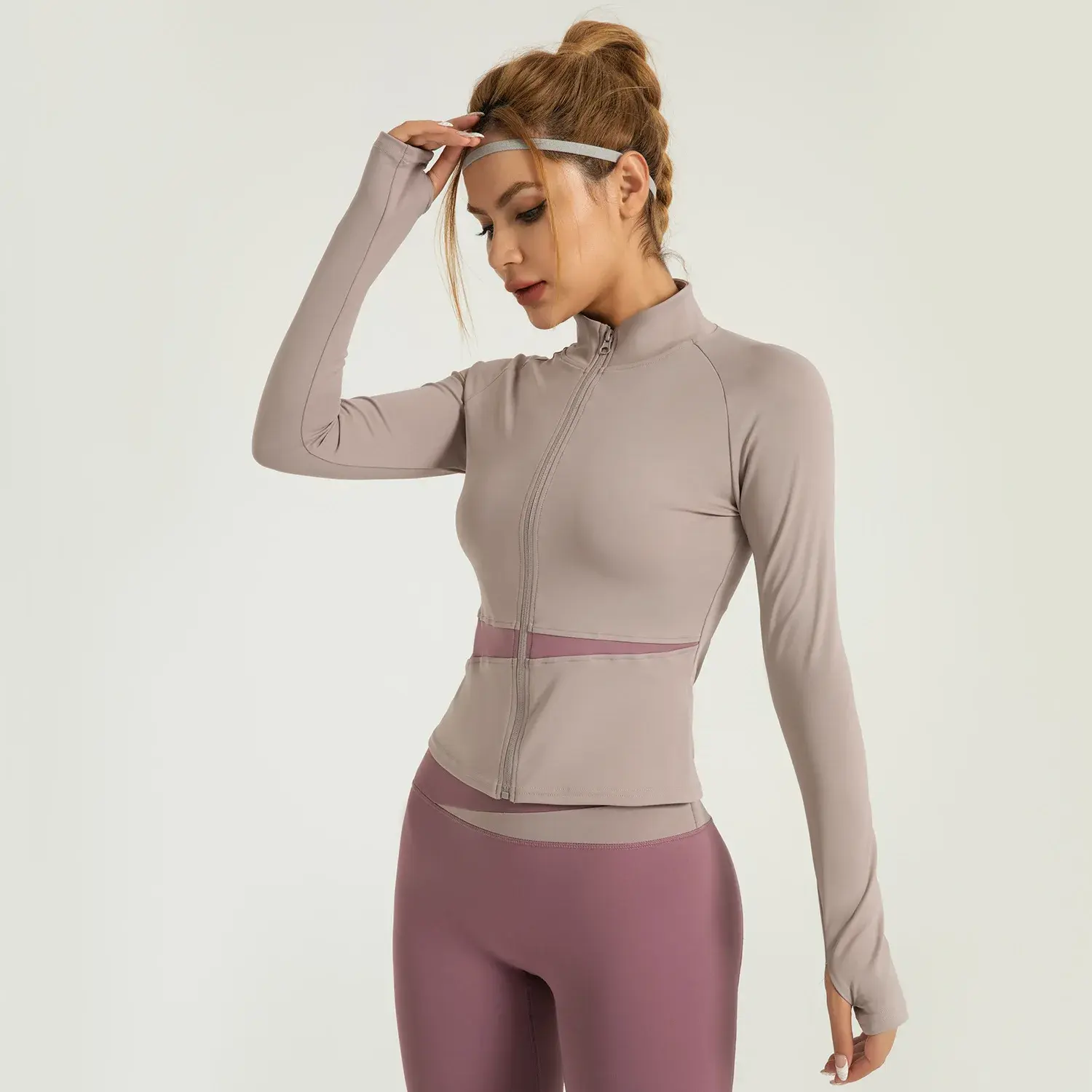 Peach color matching yoga jacket nude sports top high neck thin breathable navel fitness clothes women