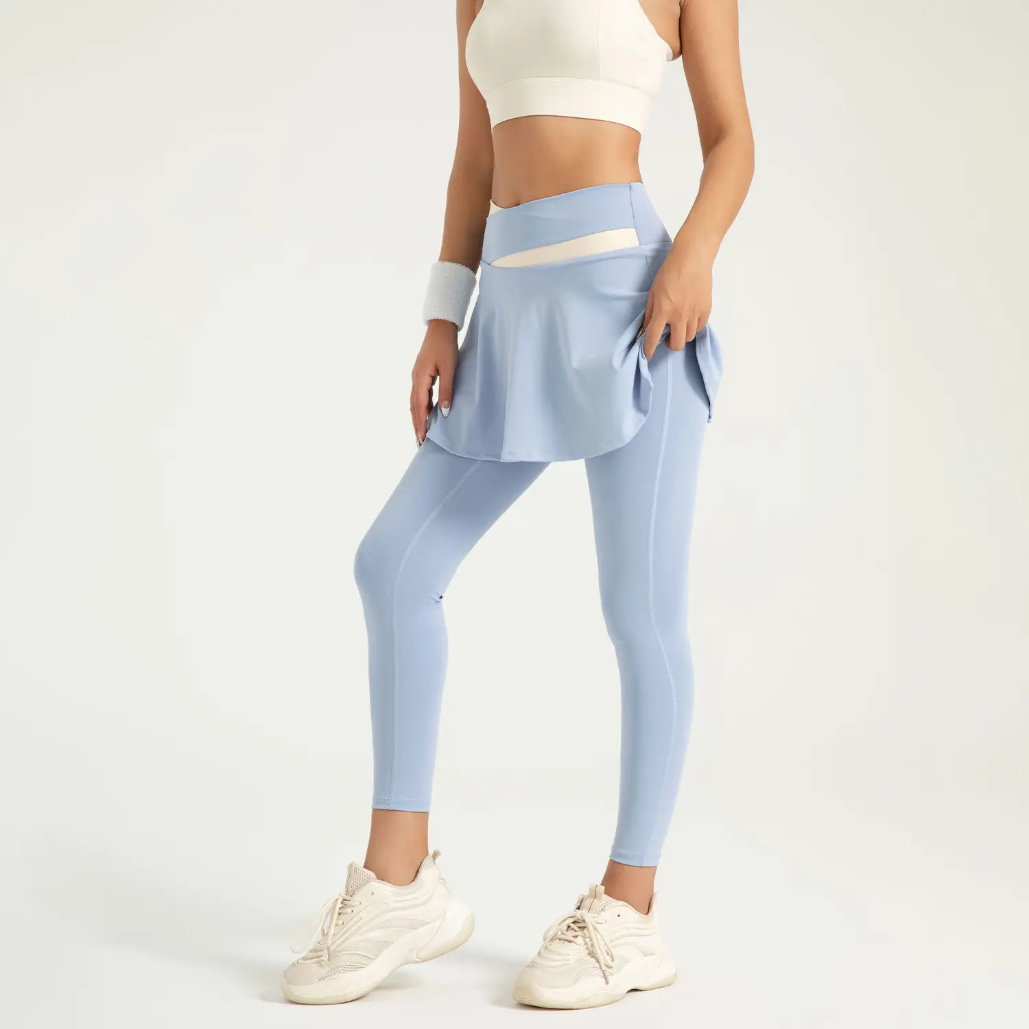 Juyitang new fake two-piece anti-light yoga pants are nude and high elastic, color matching, high waist and hip lifting fitness