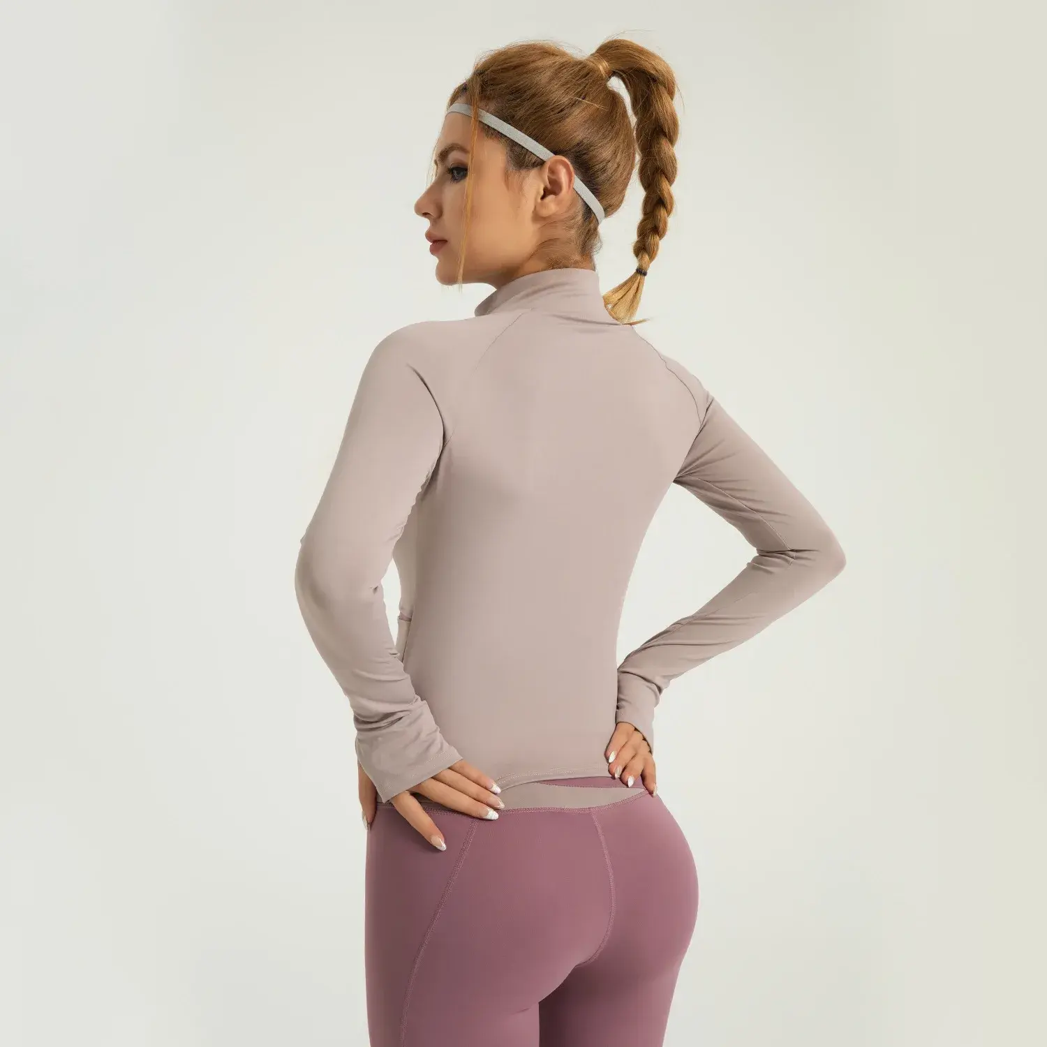 Peach color matching yoga jacket nude sports top high neck thin breathable navel fitness clothes women