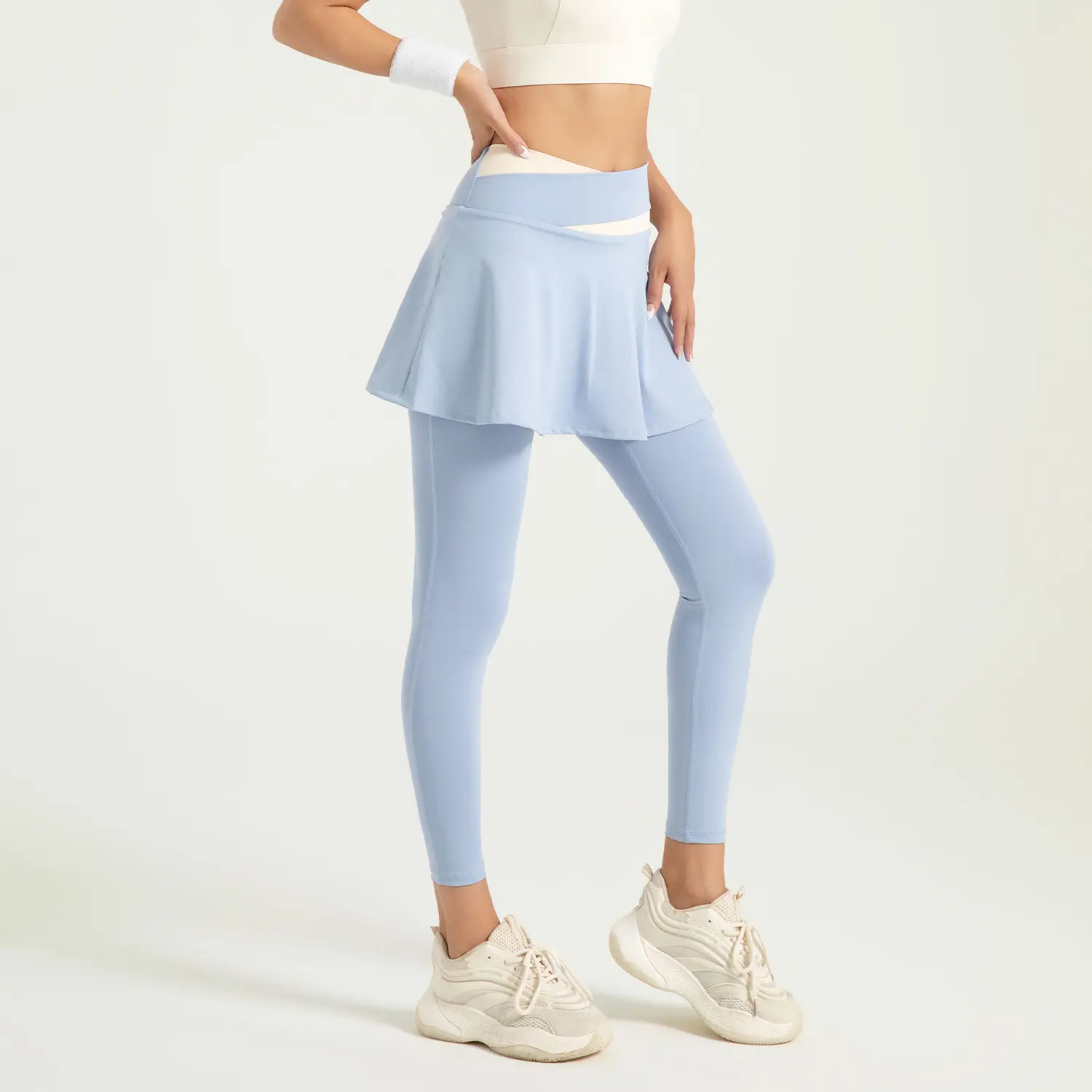 Juyitang new fake two-piece anti-light yoga pants are nude and high elastic, color matching, high waist and hip lifting fitness