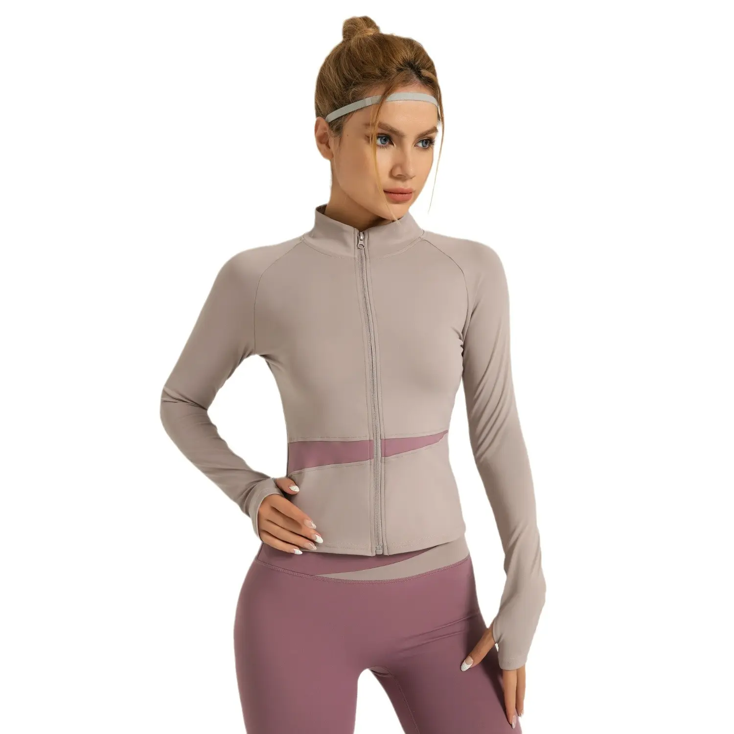 Peach color matching yoga jacket nude sports top high neck thin breathable navel fitness clothes women