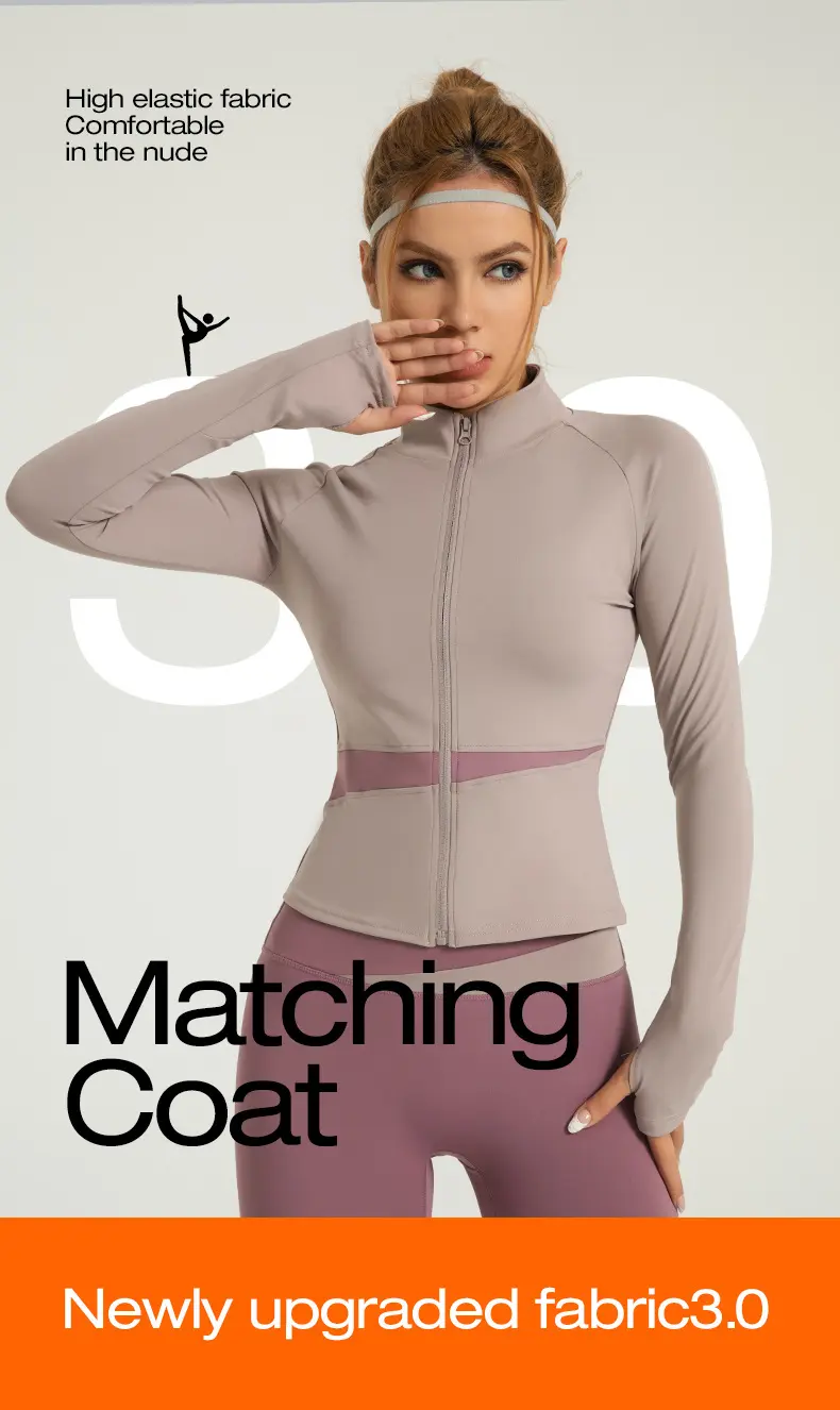 Peach color matching yoga jacket nude sports top high neck thin breathable navel fitness clothes women