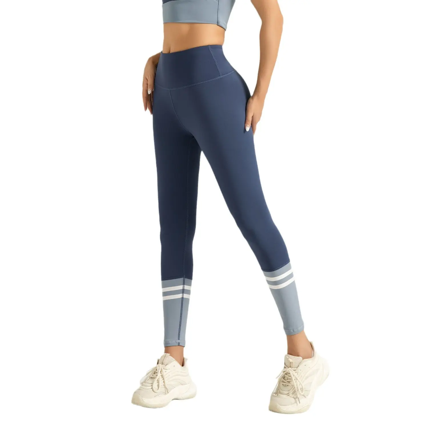 Cross-border area, foot mouth striped splicing trousers, high waist and hip lifting fitness pants
