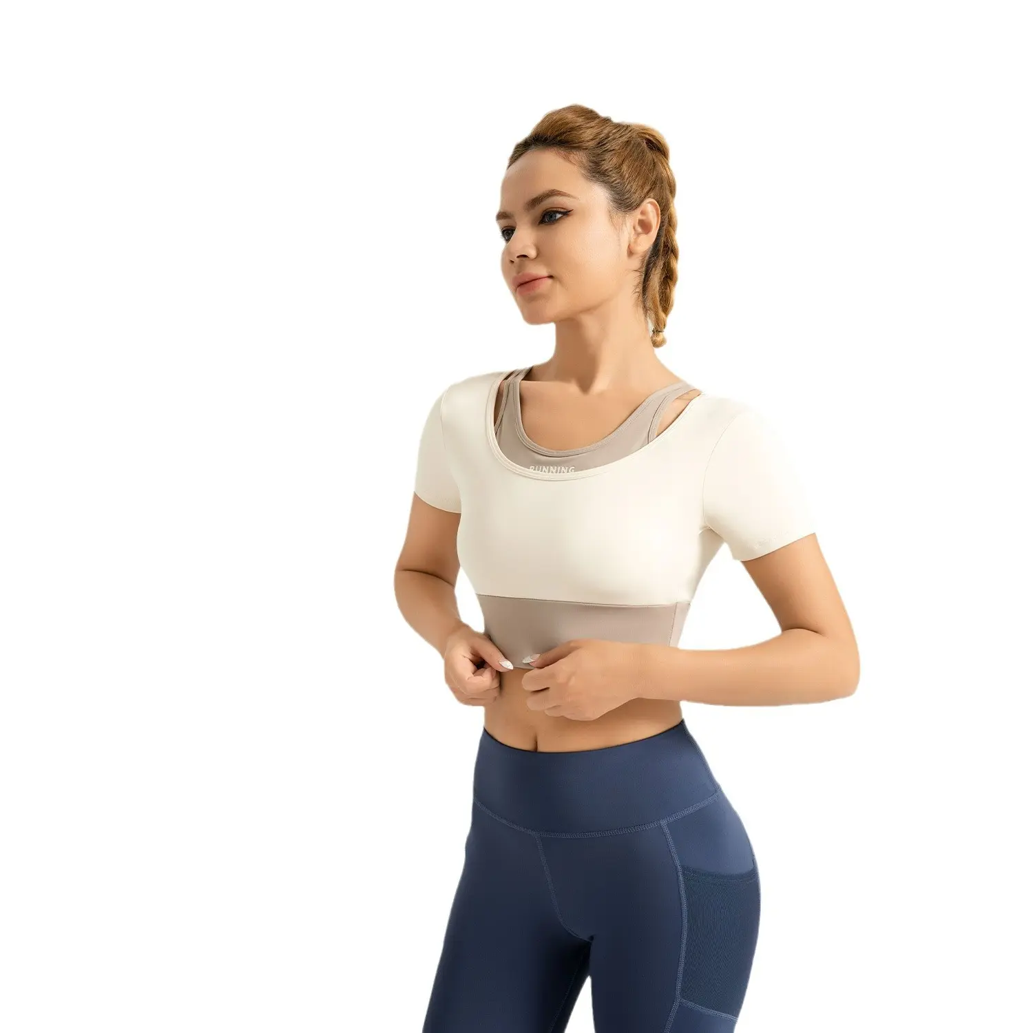 Color matching fake two-piece yoga short-sleeved free bra sports top fitness femme