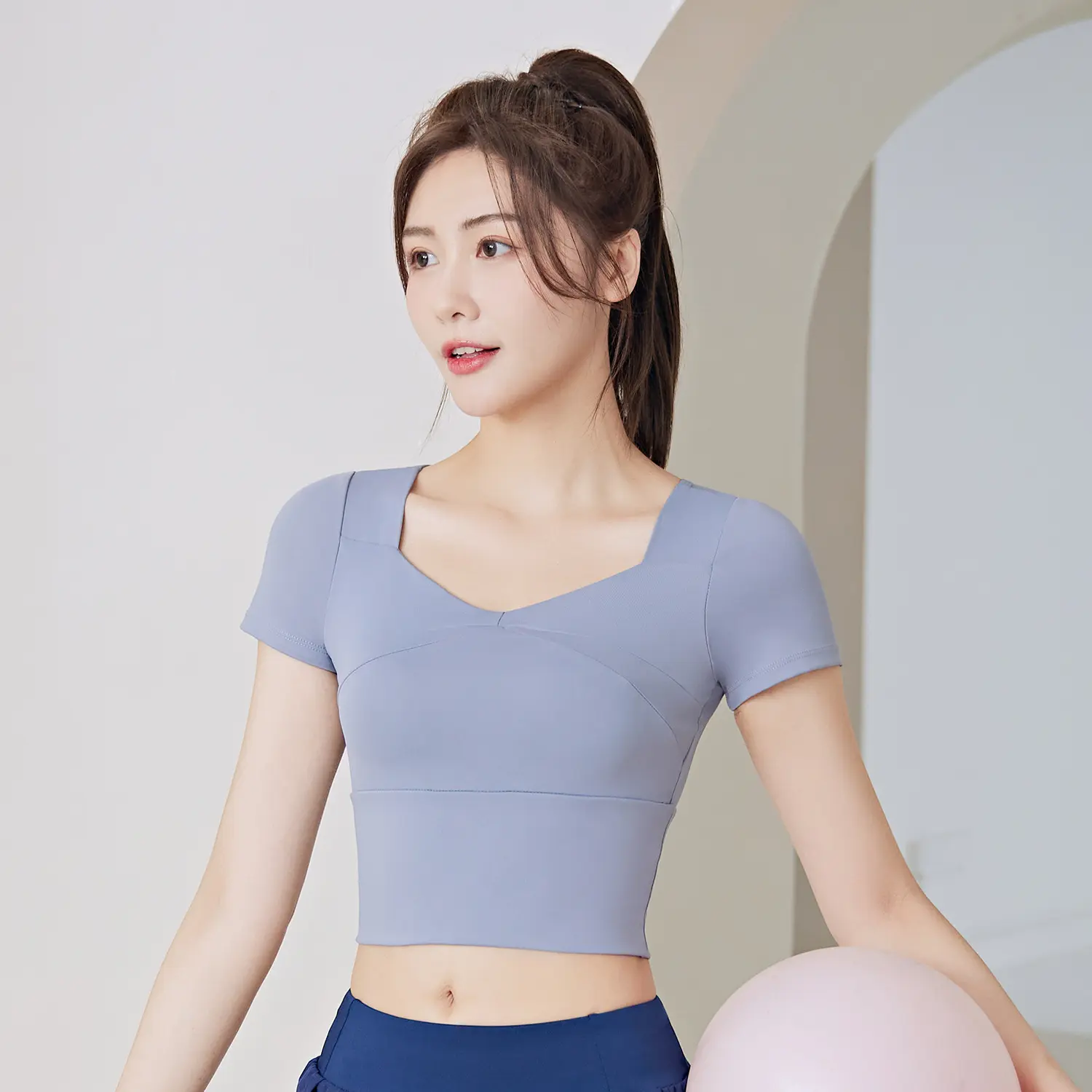 Juyitang Splicing Yoga Short Sleeve with Chest Pad