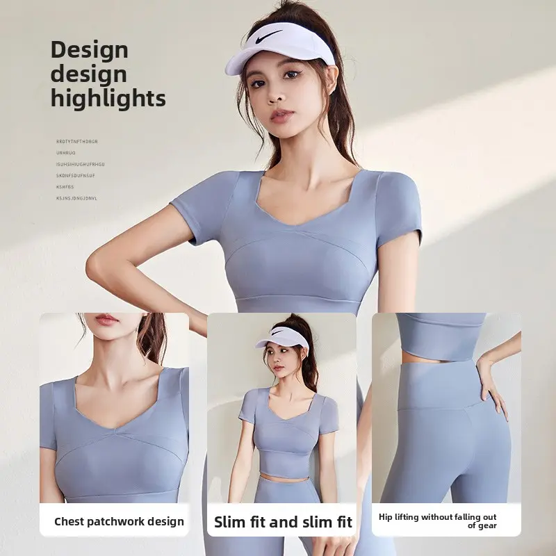 Juyatang splicing yoga clothes with chest pads yoga short sleeves nude and thin sports fitness tops women