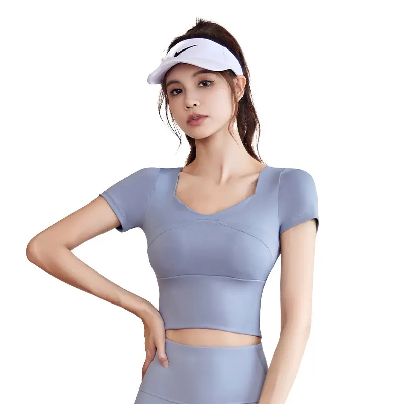 Juyatang splicing yoga clothes with chest pads yoga short sleeves nude and thin sports fitness tops women