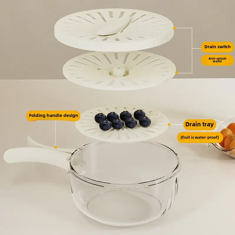 Handle type drain basket with cover Kitchen household wash fruit basket Refrigerator storage box thickened double