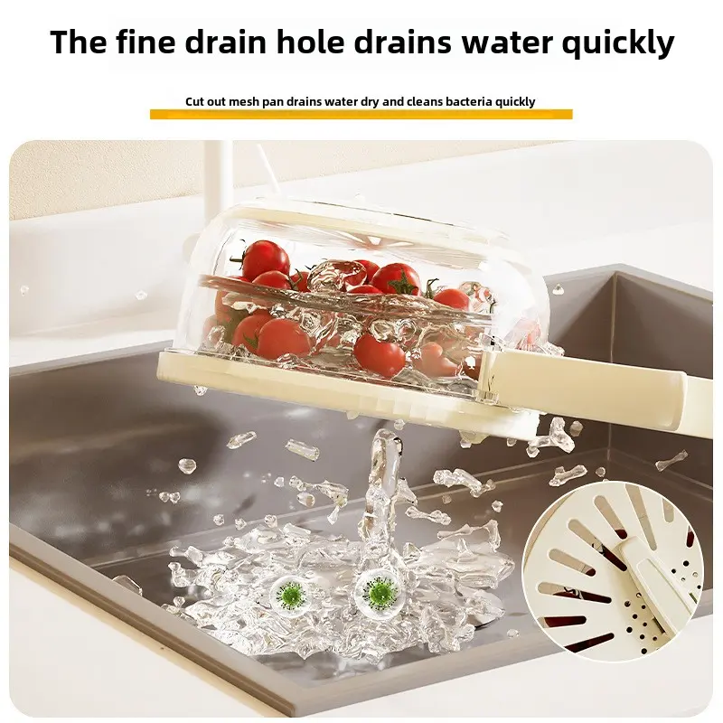 Handle type drain basket with cover Kitchen household wash fruit basket Refrigerator storage box thickened double