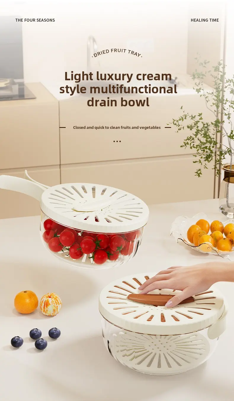 Handle type drain basket with cover Kitchen household wash fruit basket Refrigerator storage box thickened double