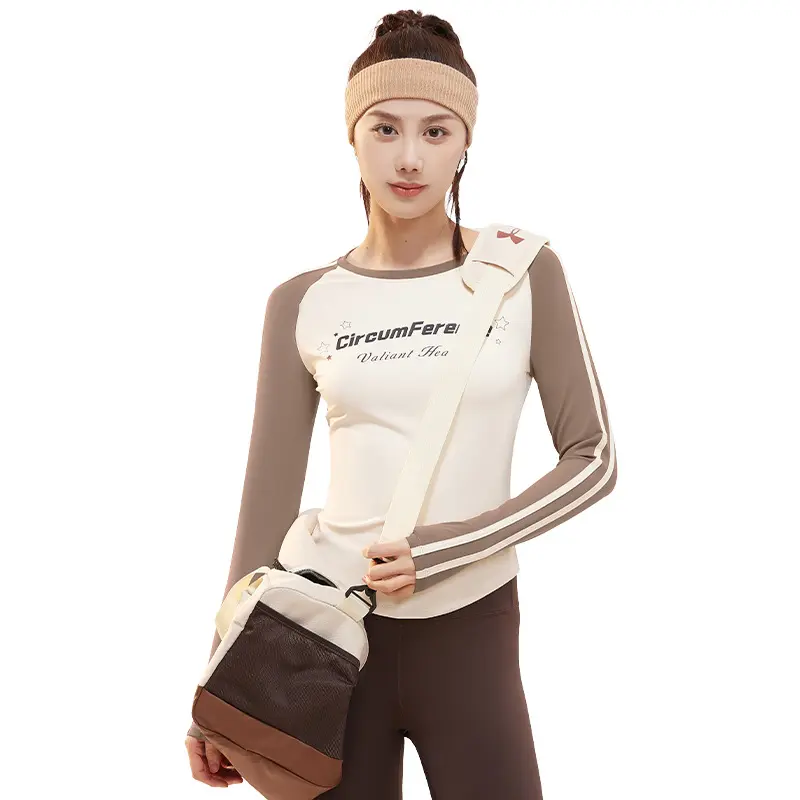 Juyatang crew neck letter print long sleeve women's retro style contrasting webbing high elastic thin T-shirt women clothes