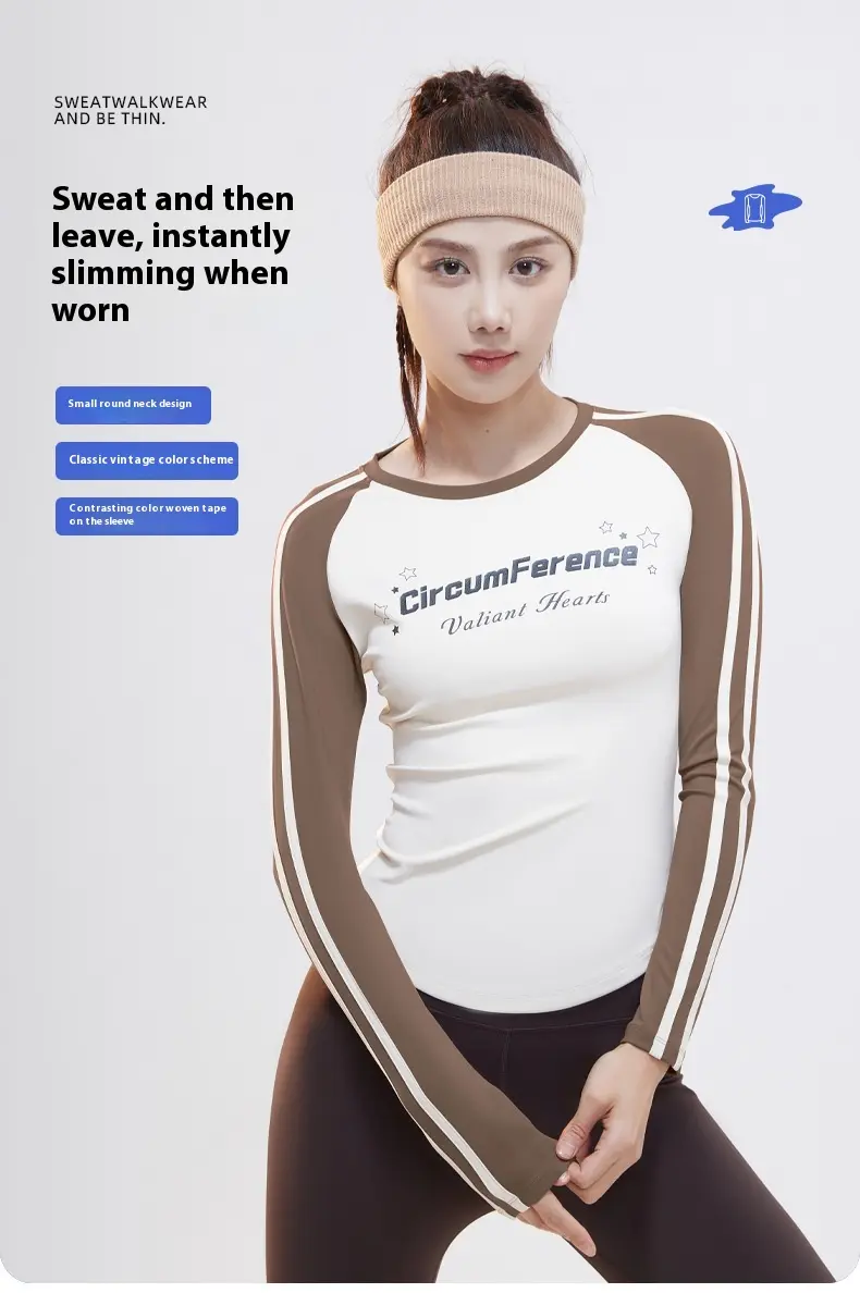 Juyatang crew neck letter print long sleeve women's retro style contrasting webbing high elastic thin T-shirt women clothes