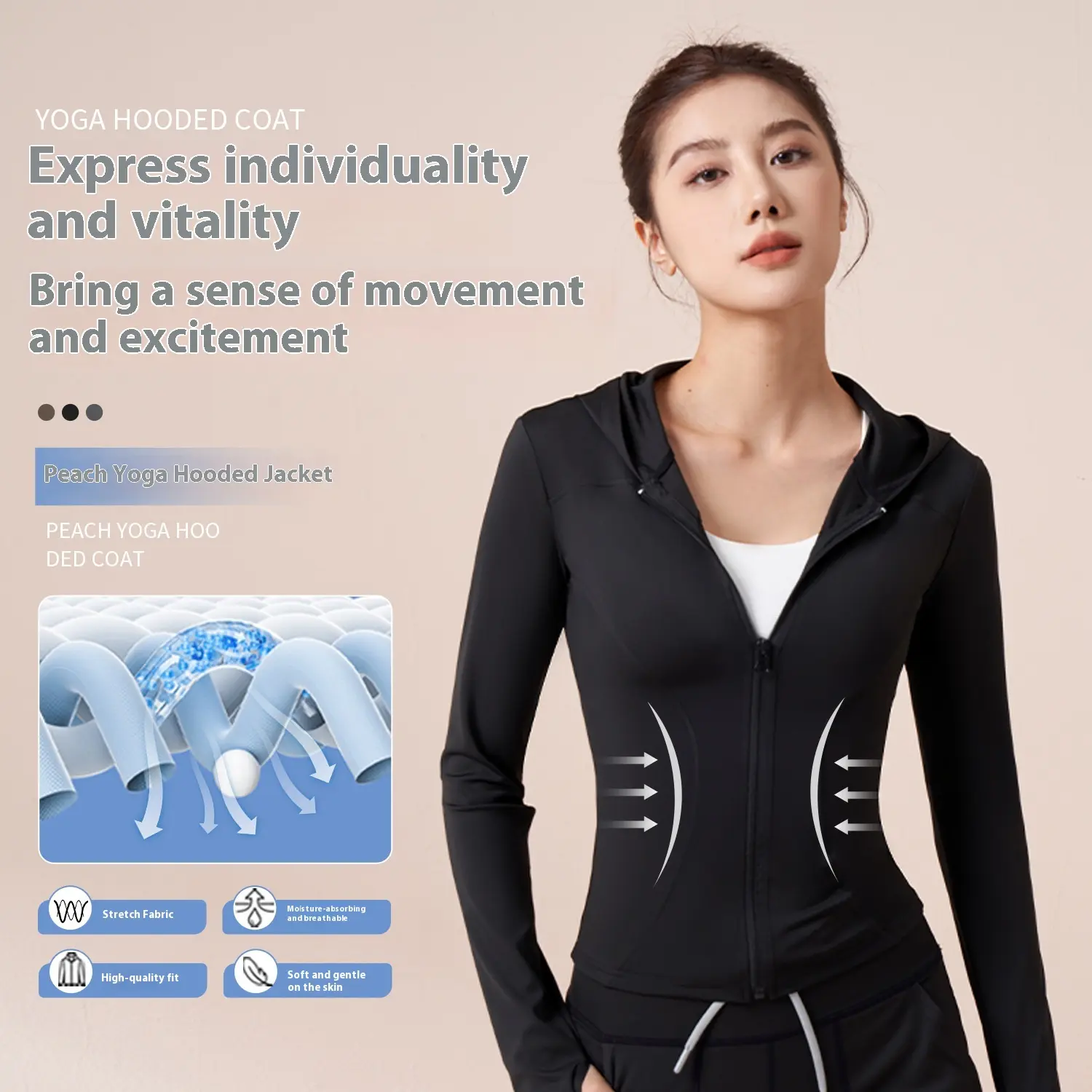 Juyitang new tight hooded yoga clothes high elastic nude slim cardigan with sleeves yoga jacket fitness femme