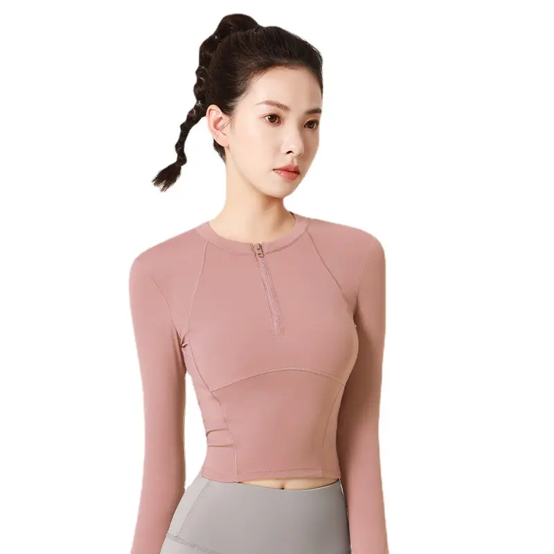 High elastic gathering waist long-sleeved sports top nude yoga clothes running fitness clothes